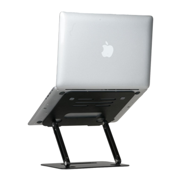 استند فلزی مشکی لپتاپ با طراحی تاشو و ارتفاع قابل تنظیم، دارای سوراخهای تهویه و پدهای ضدلغزش روی سطح نگهدارنده