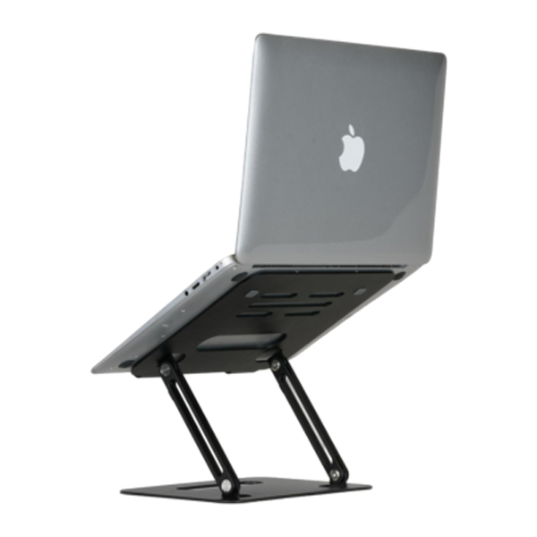 استند فلزی مشکی لپتاپ با طراحی تاشو و ارتفاع قابل تنظیم، دارای سوراخهای تهویه و پدهای ضدلغزش روی سطح نگهدارنده
