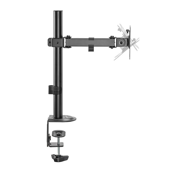 پایه رومیزی مانیتور تک‌بازو مشکی با گیره اتصال به لبه میز، ستون عمودی تنظیم ارتفاع و هد چرخان با صفحه نصب VESA