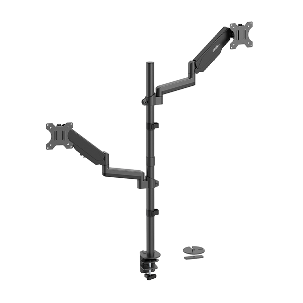 پایه رومیزی مانیتور دو بازو مشکی با ستون عمودی مرکزی، گیره اتصال به لبه میز و دو بازوی مفصلی مجهز به صفحه نصب استاندارد VESA