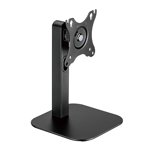 پایه رومیزی مانیتور مشکی با ستون عمودی کوتاه، صفحه‌پایه‌ی مستطیلی و براکت استاندارد VESA قابل چرخش