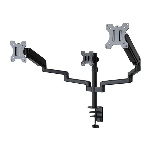 پایه رومیزی چندمانیتوره مشکی با ستون مرکزی و سه صفحه نصب VESA برای سه نمایشگر، بازوهای مفصلی قابلتنظیم و گیره اتصال به لبه میز