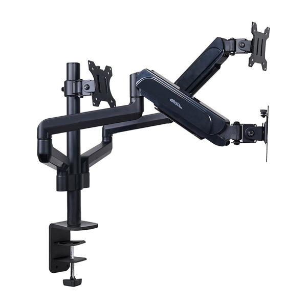 پایه رومیزی چندمانیتوره مشکی با ستون مرکزی و سه صفحه نصب VESA برای سه نمایشگر، بازوهای مفصلی قابلتنظیم و گیره اتصال به لبه میز