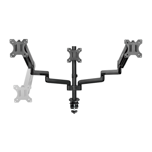 پایه رومیزی چندمانیتوره مشکی با ستون مرکزی و سه صفحه نصب VESA برای سه نمایشگر، بازوهای مفصلی قابل‌تنظیم و گیره اتصال به لبه میز