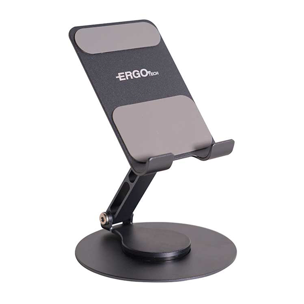 استند رومیزی تاشو و قابل تنظیم موبایل/تبلت با بدنه فلزی مشکی، پدهای ضدلغزش طوسی و پایه‌ی گرد