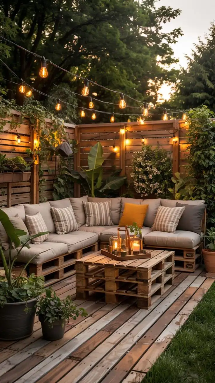 حیاط دنج با مبل ال‌شکل ساخته‌شده از پالت چوبی و کوسن‌های طوسی، میز جلو مبلی پالت، ریسه چراغ‌های ادیسونی و گیاهان سبز در فضای باز.