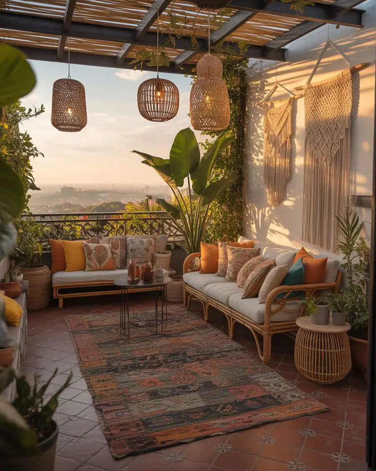 تراس بزرگ با سبک بوهو؛ مبلمان حصیری با کوسن‌های رنگی، فرش طرح‌دار، چراغ‌های آویز حصیری، دیوارکوب مکرمه و گیاهان سبز در نور گرم غروب با نمای شهر.