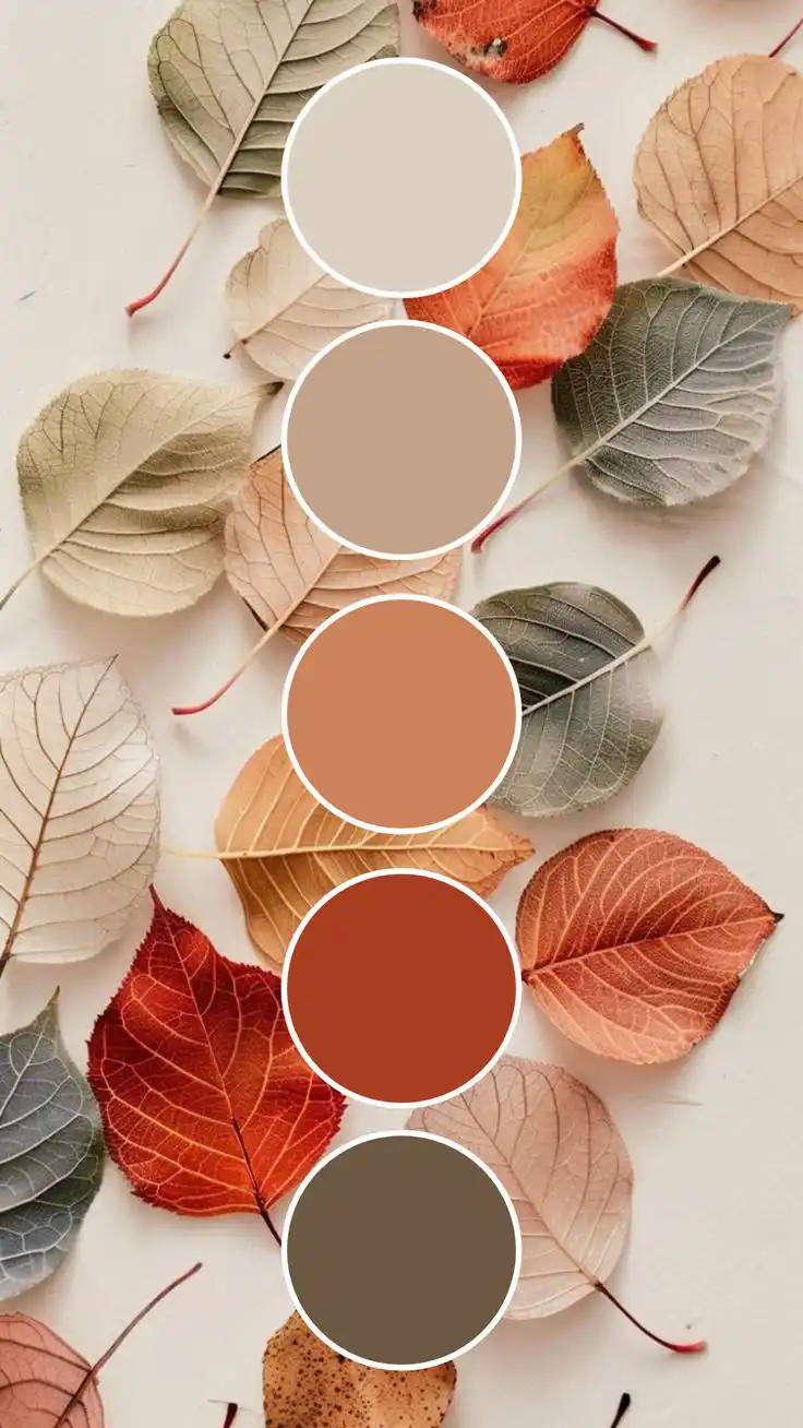پالت رنگ پاییزی با پسزمینه برگهای خشک رنگارنگ و پنج دایره نمونهرنگ بهصورت عمودی (کرم روشن، بژ، نارنجی گرم، آجری/قرمز، قهوهای تیره).