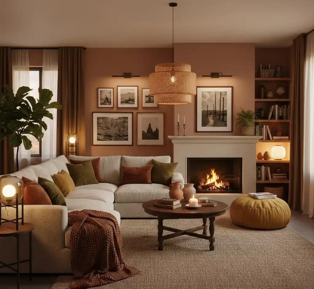 اتاق نشیمن گرم و دنج با مبل الشکل کرم، کوسنهای سبز و آجری، شومینه روشن، میز جلو مبلی چوبی، لوستر حصیری و دیوار قابعکسها کنار قفسه کتاب.