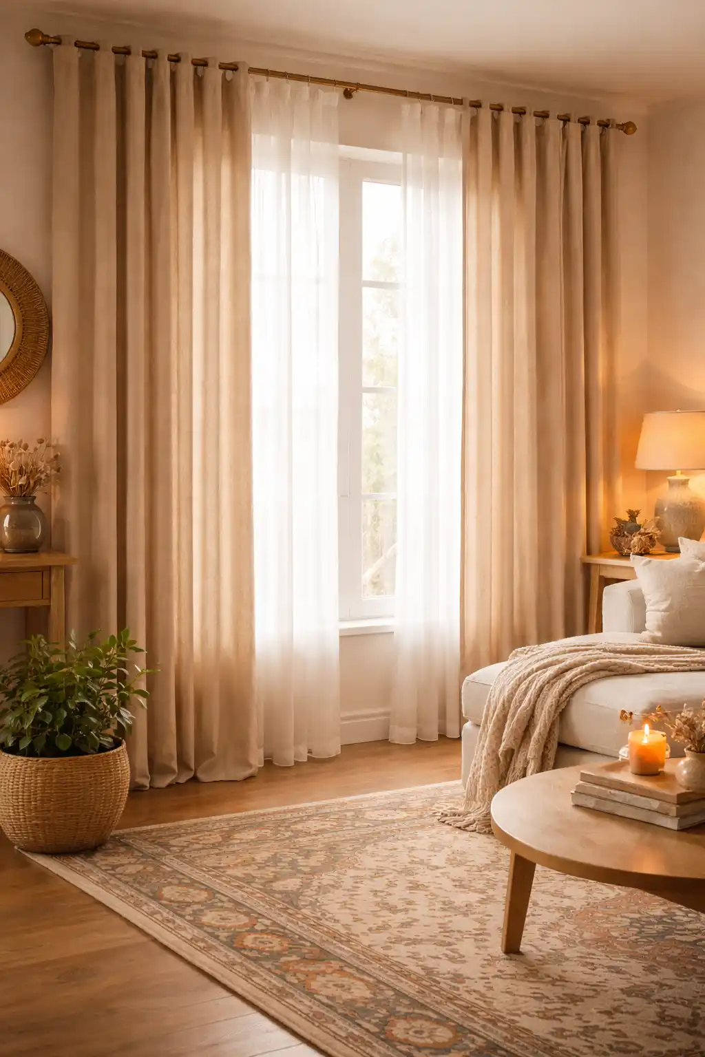نشیمن گرم و روشن با پردههای کرم و حریر سفید مقابل پنجره، مبل روشن با آباژور، فرش طرحدار و میز جلو مبلی چوبی با شمع و دکور، کنار گلدان گیاه سبز.