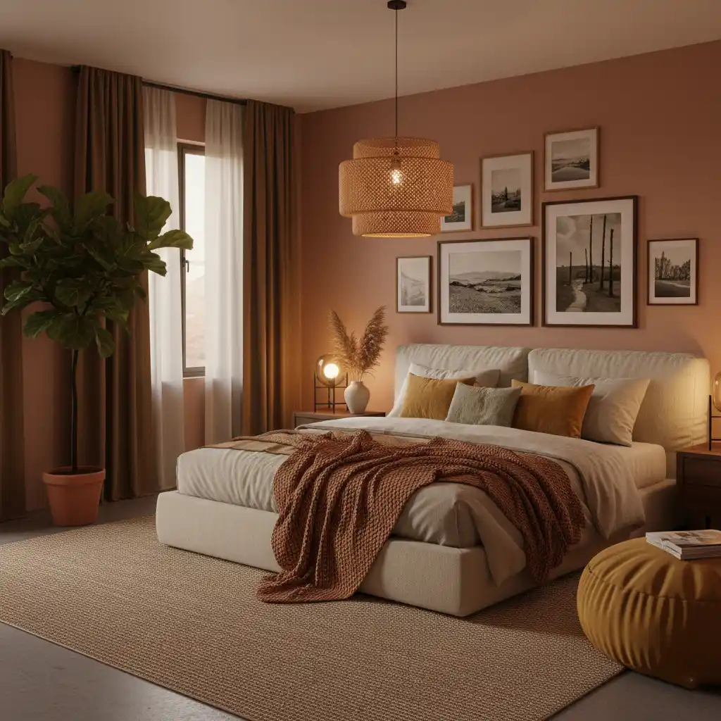 اتاق خواب گرم با دیوار آجری-قهوهای، تخت سفید با کوسنهای کرم و خردلی و پتوی بافتدار، لوستر حصیری آویز، قابعکسهای دیواری، پردههای بلند و گلدان گیاه کنار پنجره.