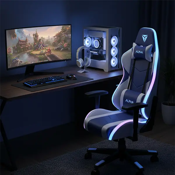 صندلی گیمینگ مشکی و خاکستری با نور LED دور بدنه در کنار میز گیمینگ، مانیتور، کیبورد و کیس کامپیوتر با فن‌های نورانی در اتاق تاریک.