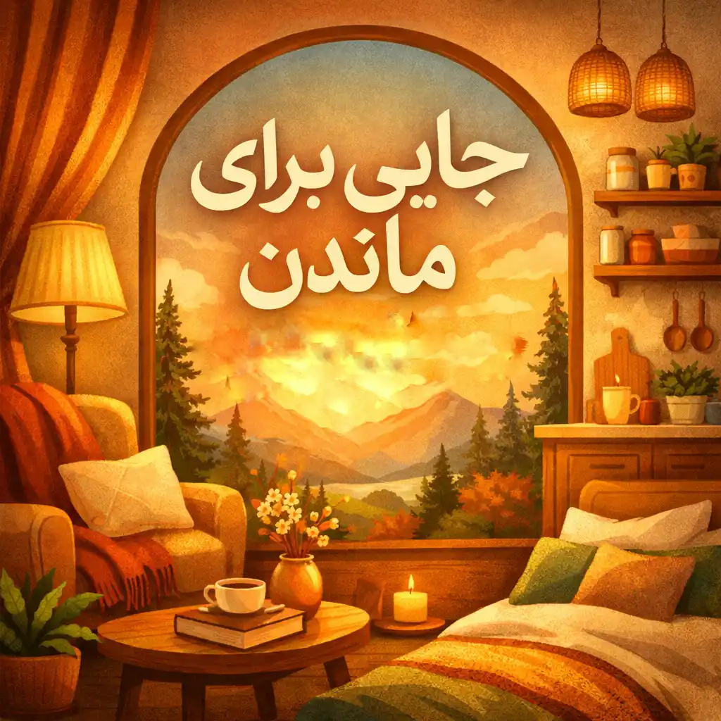 تصویرسازی از یک اتاق گرم و دنج با مبل و تخت و نور آباژور؛ در مرکز یک قاب طاقی با منظره کوهستان هنگام غروب و نوشته بزرگ «جایی برای ماندن».