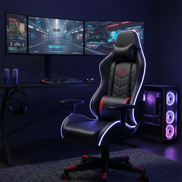 صندلی گیمینگ مشکی با جزئیات قرمز و نور LED دور بدنه، مقابل میز گیمینگ با سه مانیتور و کیس کامپیوتر نورپردازی‌شده در اتاق تاریک.