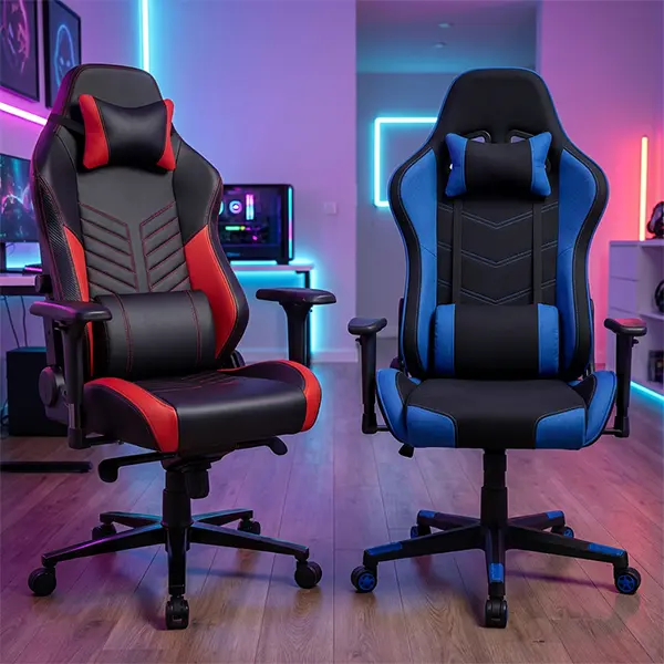 دو صندلی گیمینگ مشکی با جزئیات قرمز و آبی، دارای بالشتک پشت‌سری و گودی کمر و پایه پنج‌پر چرخ‌دار، در اتاق گیمینگ با نورپردازی نئونی.