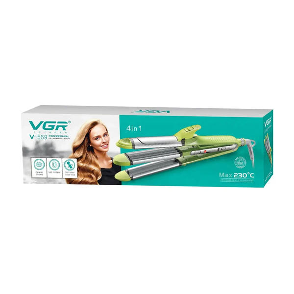 جعبه بستهبندی حالتدهنده مو VGR مدل V-569 چهارکاره سبز و نقرهای، همراه با تصویر دستگاه، عکس زن با موی موجدار و آیکونهای قابلیتها و حداکثر دمای ۲۳۰ درجه سانتیگراد.