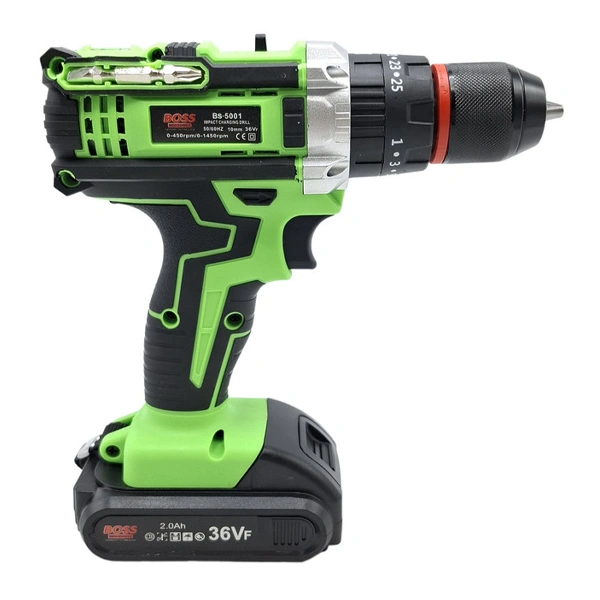 نمای افقی از سمت چپ دریل شارژی سبز مشکی BOSS مدل BS-5901 با دسته ارگونومیک و باطری ۳۶ ولت.