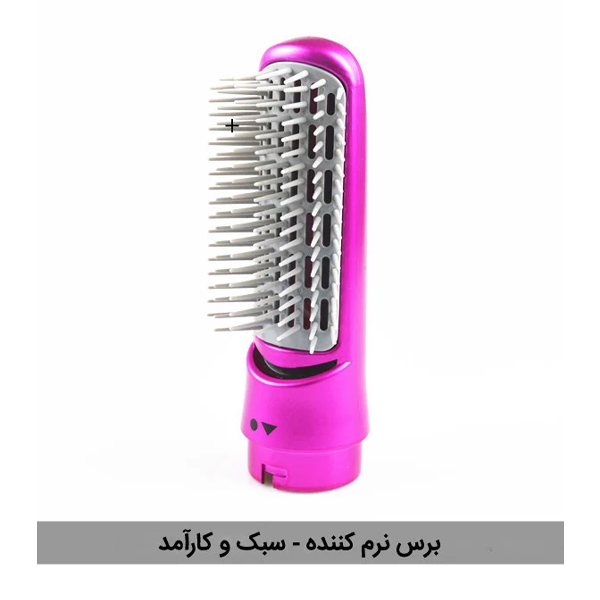 کلوزآپ سری برس نرم صورتی با دندانههای پلاستیکی خاکستری، همراه با نوشته فارسی «برس نرمکننده - سبک و کارآمد» در پایین تصویر