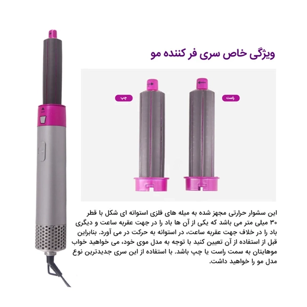 اینفوگرافیک فارسی درباره ویژگی سری فرکننده مو سشوار چندکاره، نشاندهنده دو استوانه راست و چپ برای پیچش متفاوت مو بههمراه توضیح متنی زیر تصویر