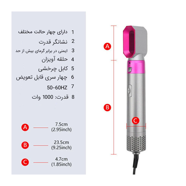 اینفوگرافیک فارسی سشوار چندکاره، نمایش ابعاد دستگاه در سه بخش A و B و C به سانتیمتر و لیست ویژگیها مانند چهار حالت، کابل چرخشی و قدرت ۱۰۰۰ وات