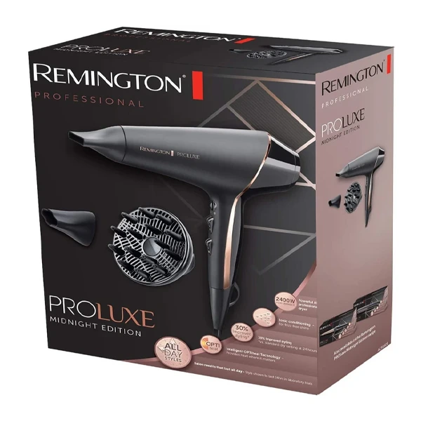 جعبه سشوار حرفهای رمینگتون Proluxe Midnight Edition با توان ۲۴۰۰ وات و سریهای دیفیوزر و متمرکزکننده