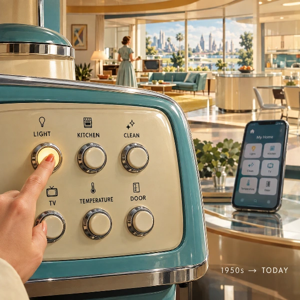 پنل کنترل خانه آینده با دکمه‌های متعدد و مقایسه آن با خانه هوشمند
