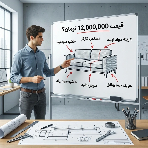 تصویر یک مهندس جوان که در یک دفتر کار مدرن در حال اشاره به یک تخته سفید با دیاگرامی از تجزیه قیمت یک مبل اداری است که اجزای آن شامل هزینه مواد، دستمزد، سود و سربار به صورت برچسب‌های فارسی مشخص شده‌اند