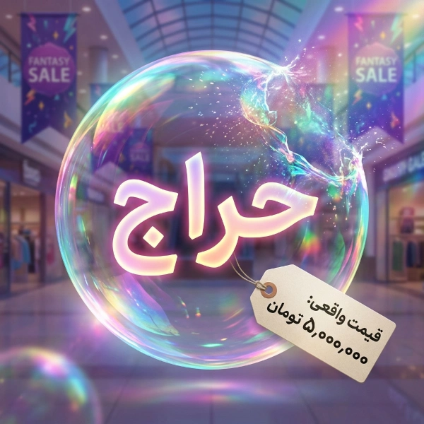 تصویر یک حباب صابون غول‌پیکر و براق در حال ترکیدن که کلمه "حراج" به فارسی را در داخل خود دارد، در حالی که قیمت واقعی کالایی در خارج حباب به وضوح دیده می‌شود. در پس‌زمینه، نمایی از یک مرکز خرید با بنرهای حراج فانتزی قرار دارد