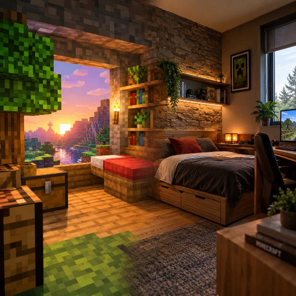 فضای دوگانه Minecraft و اتاق واقعی با تبدیل عناصر دیجیتال به دکوراسیون طبیعی.