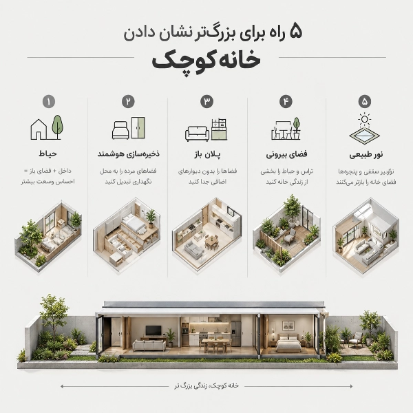 پنج راه برای بزرگ‌تر نشان دادن خانه کوچک شامل حیاط، ذخیره‌سازی، پلان باز و نور طبیعی