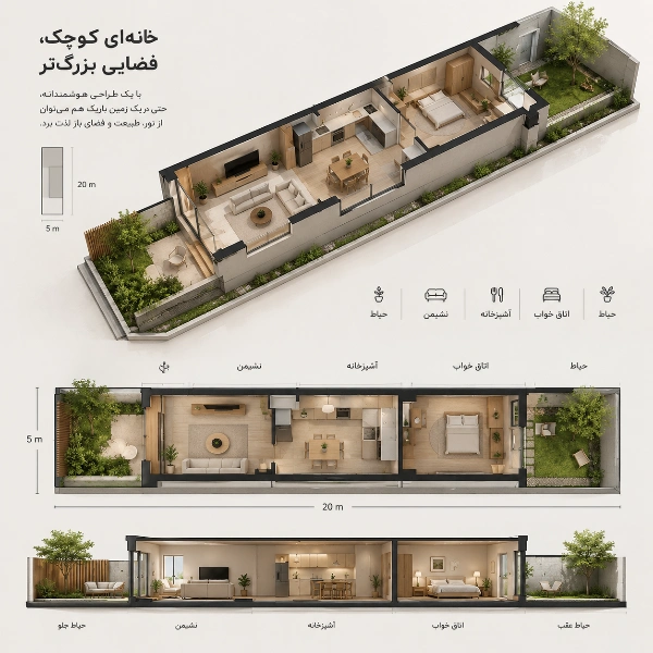 خانه کوچک یک‌طبقه در زمین باریک با حیاط‌های داخلی