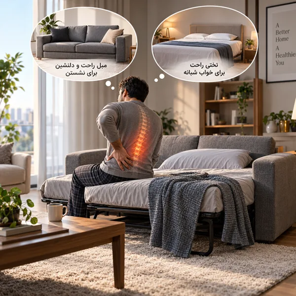 مردی در حال تجربه کمردرد روی مبل تخت‌خواب‌شو، با مقایسه تصویری مبل راحتی و تخت خواب استاندارد برای نشستن و خواب شبانه
