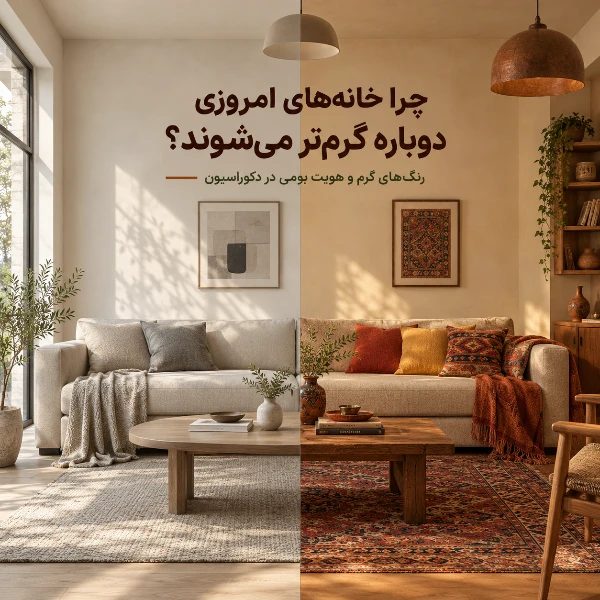 مقایسه نشیمن با رنگ‌های خنثی و همان فضا با کوسن‌های گرم و جزئیات چوبی