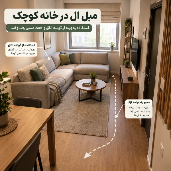 مبل ال جمع‌وجور در گوشه نشیمن یک خانه کوچک