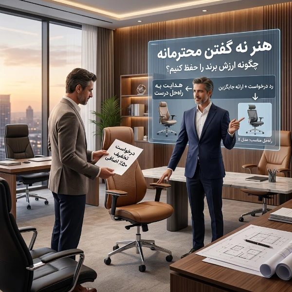 مدیر کسب‌وکار در حال آموزش مهارت نه گفتن محترمانه به مشتری با استفاده از استراتژی ارائه جایگزین در دفتر کار