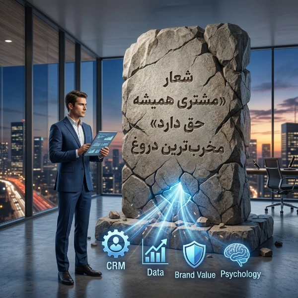 مدیر کسب‌وکار در حال تحلیل مفهوم مشتری همیشه حق دارد بر روی سنگ‌نوشته و المان‌های دیجیتال CRM و داده‌کاوی