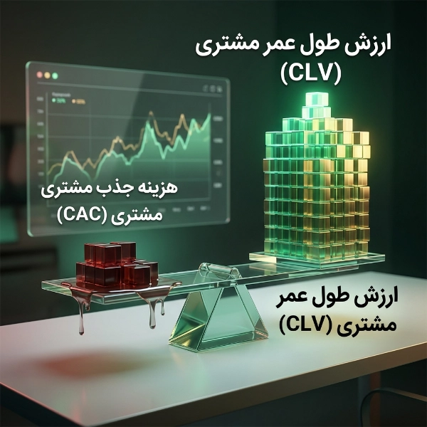یک تصویر سازی داده‌محور که یک ترازوی شیشه‌ای را نشان می‌دهد؛ سمت راست با بلوک‌های سبز بلند و متن 'CLV' (ارزش طول عمر) سنگینی می‌کند و سمت چپ با بلوک‌های قرمز کوچک و متن 'CAC' (هزینه جذب) سبک‌تر است