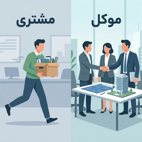یک تصویر مقایسه‌ای که در سمت چپ یک مشتری عجول با جعبه خرید (تراکنش یک‌باره) و در سمت راست یک تیم حرفه‌ای در حال دست دادن روی نقشه‌های ساختمانی (رابطه موکل بلندمدت) را نشان می‌دهد