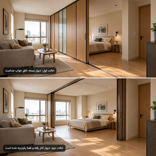 دیوار کشویی چوبی در آپارتمان کوچک که با باز شدن آن فضای خواب و نشیمن به یکدیگر متصل می‌شوند.