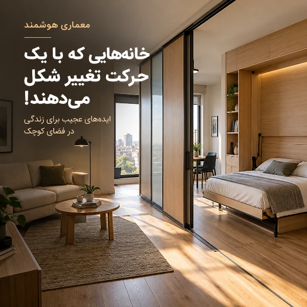 خانه‌ای کوچک با دیوار متحرک و تخت تاشو که امکان تغییر چیدمان فضای نشیمن و خواب را فراهم می‌کند.